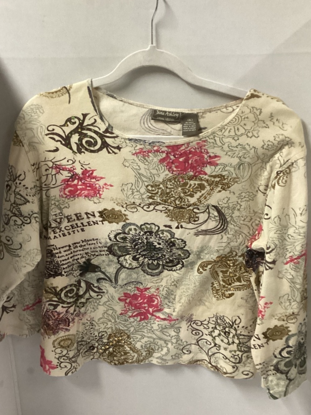 Jane Ashley Vintage Cream Long Sleeve Floral Scroll Top with Pink Accents
